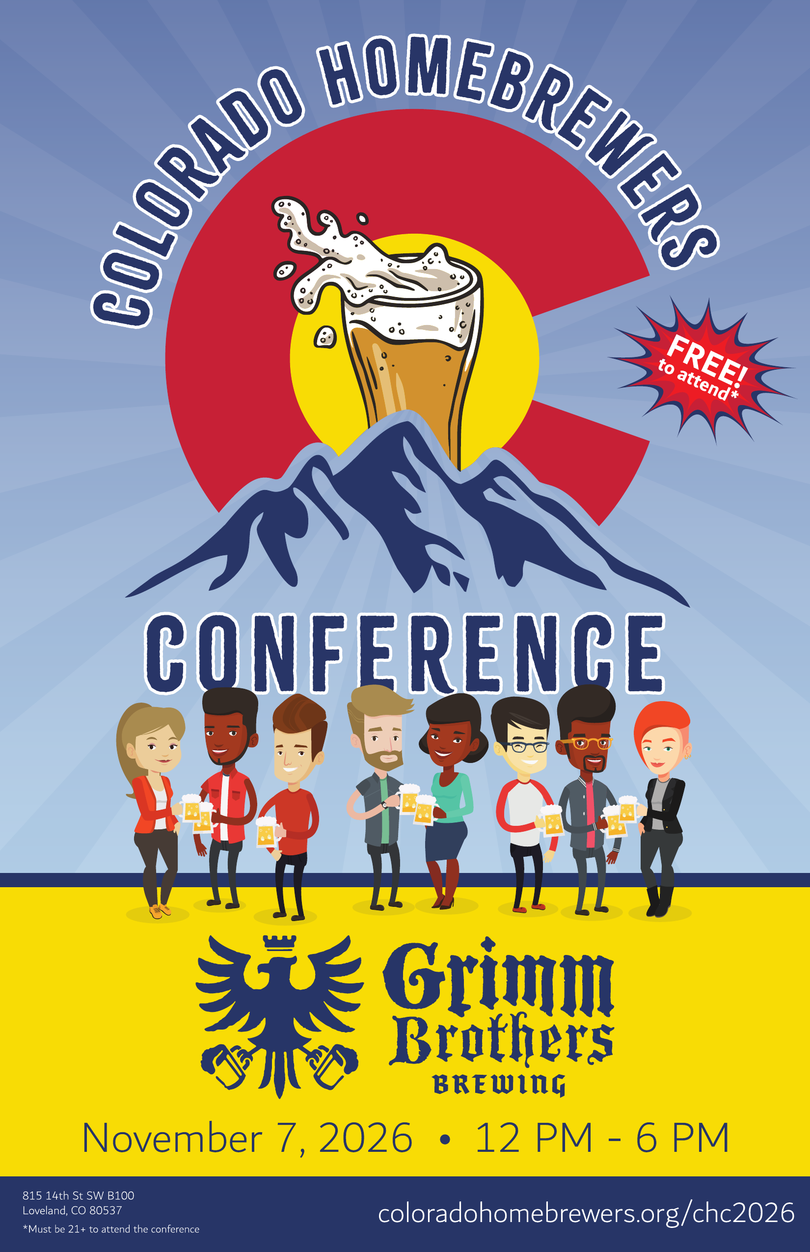 Colorado Homebrewers Conference poster: a beer glass bursting from the Colorado 'C' over the mountains, hosted at Grimm Brothers Brewing.